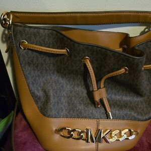 Michael Kors Brown and Tan Shoulder Bag with Gold Accents